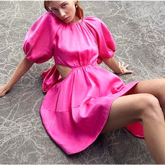 NWT Aje Admiration Hot Pink Balloon Sleeve Corset LaceUp Bow Mini Dress‎ US4|AU8 - Picture 3 of 13